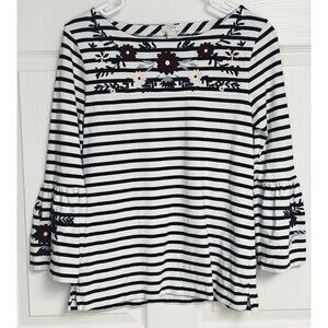 J.Crew G7322 Floral Embroidered Striped 3/4 Bell Sleeve Top Blouse Cotton Sz. S